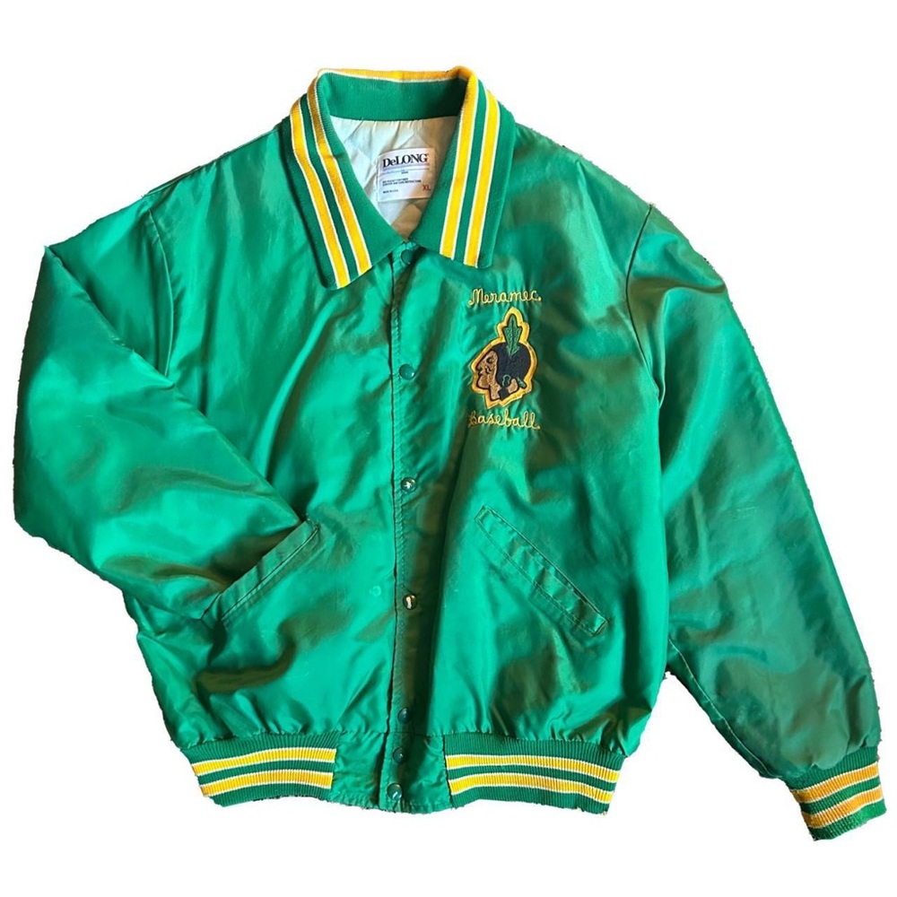 Vintage bomber varsity baseball jacket with embroidered logos on a DeLONG base.